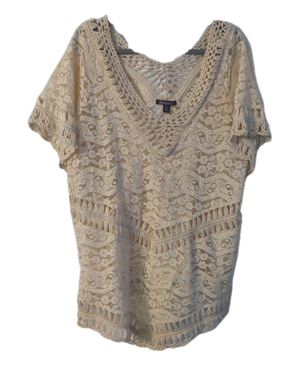 Roman's Womens Crochet Lace Shirt Top Size 3X Cream Open Knit